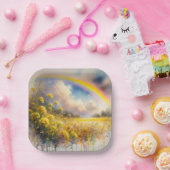 Waterverf regenboog boven wilde bloemenweide papieren bordje (Feest)