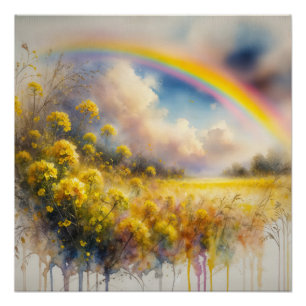 Waterverf regenboog boven wilde bloemenweide perfect poster
