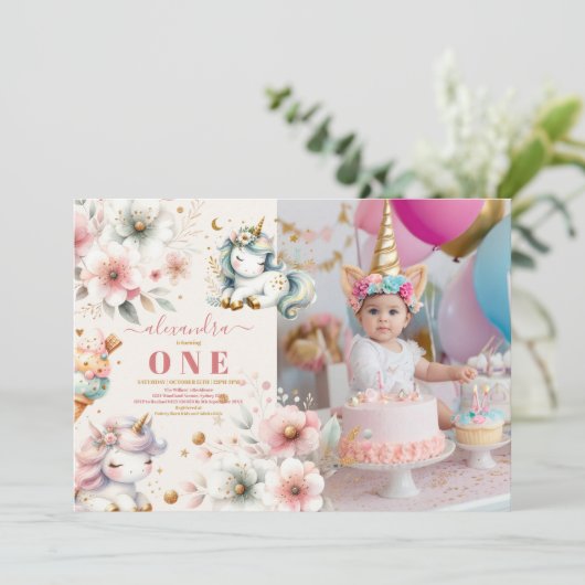 Waterverf Regenboog Eenhoorn foto 1e Verjaardag Kaart (Staand voorkant)