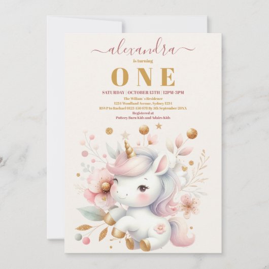 Waterverf Regenboog Eenhoorn Goud 1e Verjaardag Kaart (Voorkant)