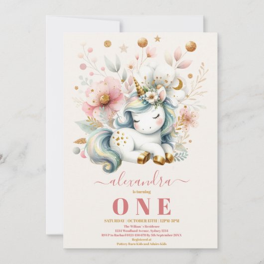 Waterverf Regenboog Eenhoorn Verjaardagsuitnodigin Kaart (Voorkant)