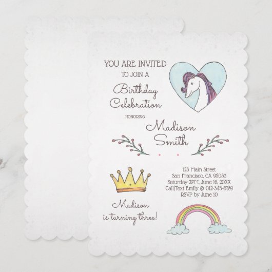 Waterverf Regenboog Eenhoorn Verjaardagsuitnodigin Kaart (Voorkant / Achterkant)