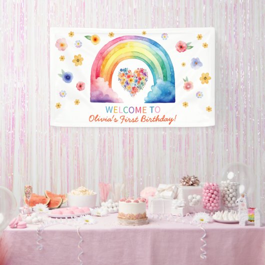 Waterverf regenboog eerste verjaardag welkomstbann spandoek (Feest)