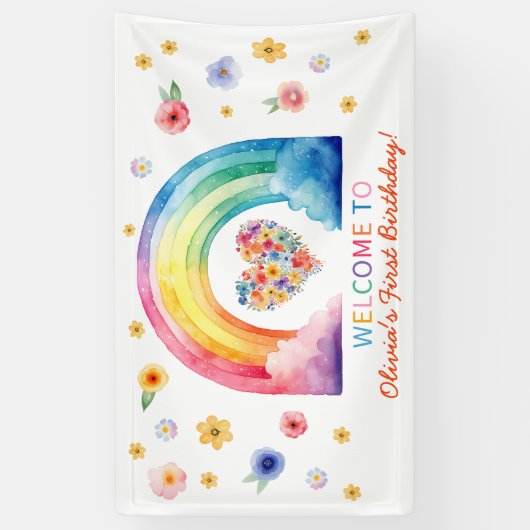 Waterverf regenboog eerste verjaardag welkomstbann spandoek (Verticaal)