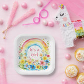 Waterverf Regenboog en bloemen Het is een meisje Papieren Bordje (Feest)