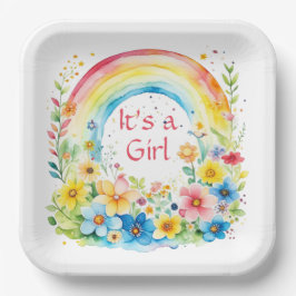 Waterverf Regenboog en bloemen Het is een meisje Papieren Bordje