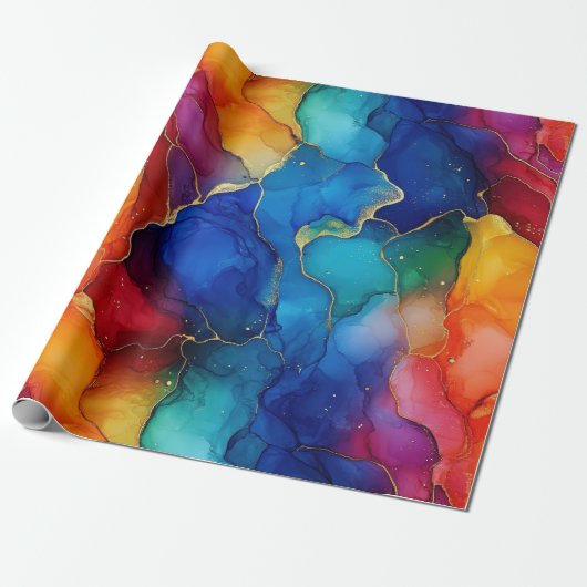 Waterverf regenboog en gouden glitter alcoholinkt cadeaupapier (Uitgerold)