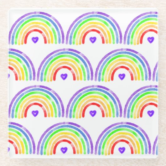 Waterverf Regenboog en hart Glazen Onderzetter (Voorkant)