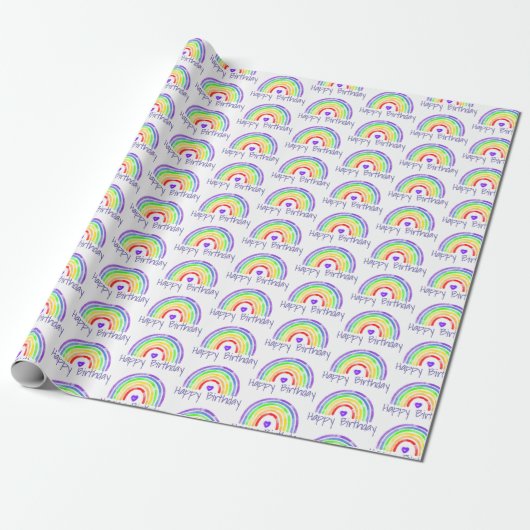 Waterverf Regenboog en hart Happy Birthday Cadeaupapier (Uitgerold)