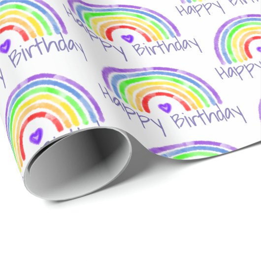 Waterverf Regenboog en hart Happy Birthday Cadeaupapier (Rol Hoek)
