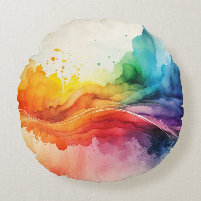 Waterverf regenboog gekleurd Sierkussen Rond Kussen (Voorkant)