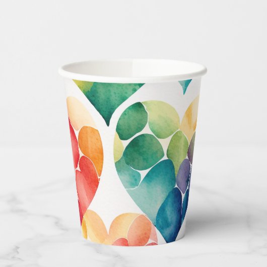 Waterverf regenboog hartenpatroon. Valentijnsdag Papieren Bekers (Links)