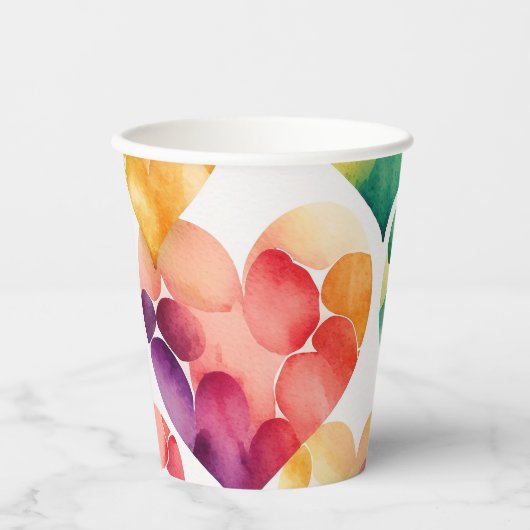 Waterverf regenboog hartenpatroon. Valentijnsdag Papieren Bekers (Voorkant)