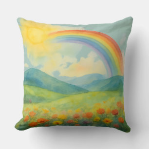 Waterverf Regenboog Landschap met Zon&Wilde Bloeme Kussen