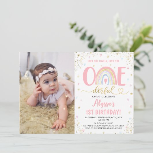 Waterverf regenboog meisje 1e Verjaardag Party Fot Kaart (Staand voorkant)