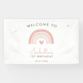 Waterverf Regenboog Roze Hart 1e Verjaardag Welkom Spandoek (Horizontaal)