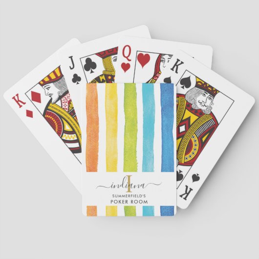 Waterverf Regenboog Strepen Monogram Script Pokerkaarten (Achterkant)