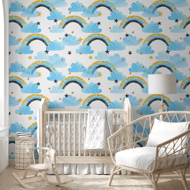 Waterverf regenboog wolken sterren baby blauw kind behang (Kinderen)