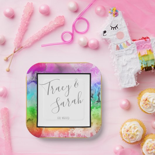 Waterverf regenboogalcohol papieren bordje (Feest)