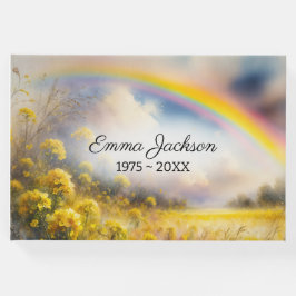 Waterverf regenboogboog boven wilde bloemweide gastenboek