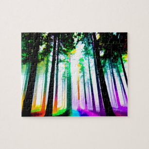 Waterverf Regenboogbos met Silhouetbomen Legpuzzel
