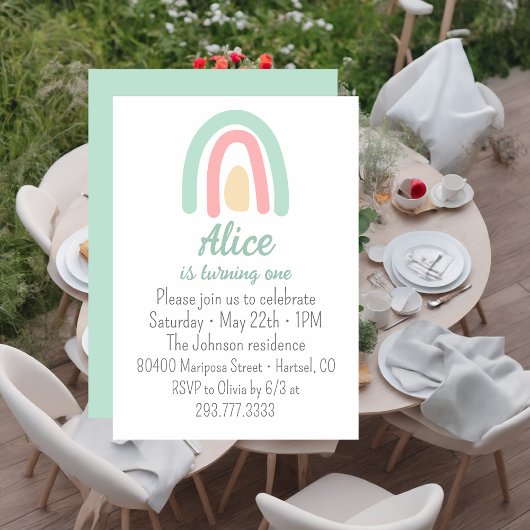 Waterverf regenbooggroen geel 1e verjaardag kaart