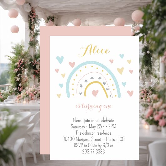 Waterverf regenbooghart roze blauw 1 oktober kaart