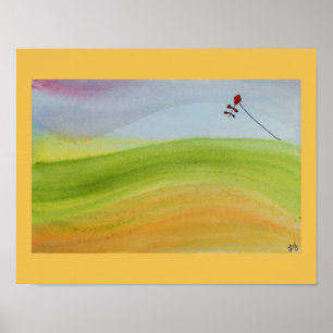 Waterverf regenbooglandschap met kite poster