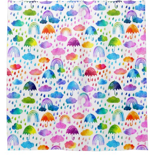 Waterverf Regenboogparaplu regenachtige dagmeisjes Douchegordijn (Voorkant)