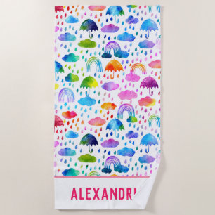 Waterverf Regenboogparaplu regenachtige dagmeisjes Strandlaken