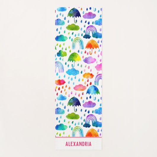Waterverf Regenboogparaplu regenachtige dagmeisjes Yogamat (Voorkant)