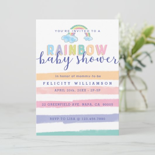 Waterverf Regenboogstapes Baby shower Uitnodiging (Staand voorkant)