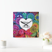 Waterverf Regenboogstraat Mandala met hart Vierkante Klok (Huis)