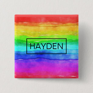 Waterverf regenboogstrepen gepersonaliseerd vierkante button 5,1 cm