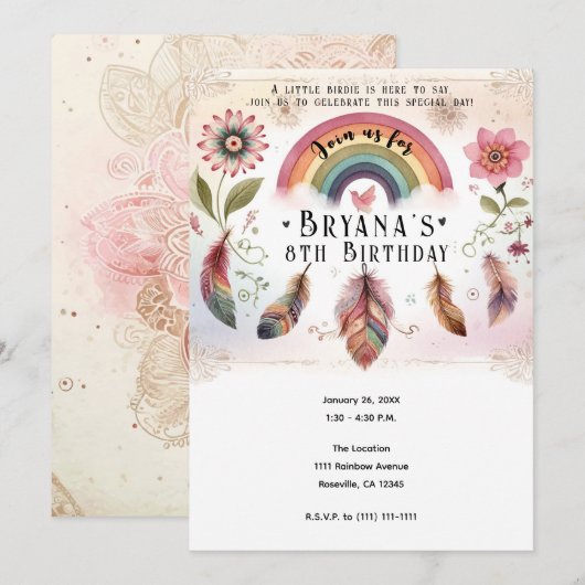 Waterverf regenboogvogel & veren boho verjaardag kaart (Voorkant / Achterkant)