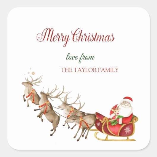 Waterverf Reindeers Santa Claus Sleigh Christmas Vierkante Sticker (Voorkant)