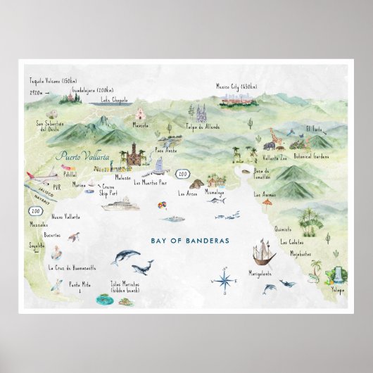 Waterverf  Reis Briefkaart | Puerto Vallarta Poster (Voorkant)