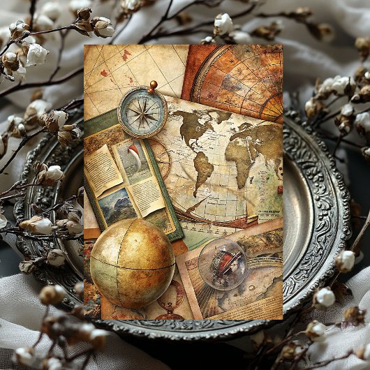 Waterverf Reizen Retro Kompas Oude Kaart Foto's Tissuepapier