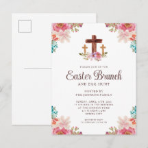 Waterverf Religieus Kruis Paasbrunch met Bloemen