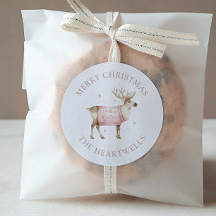 Waterverf rendier gepersonaliseerd vrolijk kerstfe ronde sticker