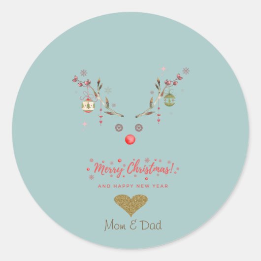 Waterverf rendier kerstballen gouden hart ronde sticker (Voorkant)