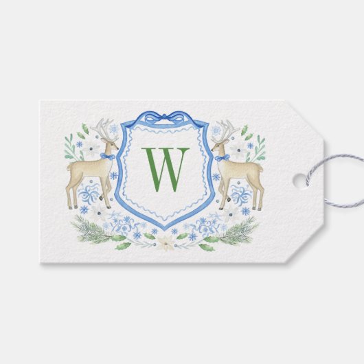 Waterverf Rendier Monogram Crest Christmas Cadeaulabel (Voorkant (Horizontaal))