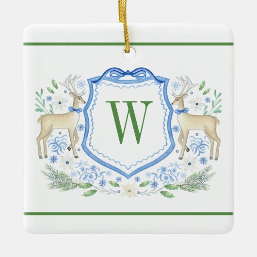 Waterverf Rendier Monogram Crest Christmas Keramisch Ornament (Voorkant)