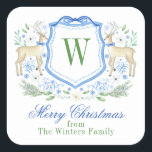 Waterverf Rendier Monogram Crest Christmas Vierkante Sticker<br><div class="desc">PreppyPrint.com - Vier Kerstmis in stijl! Voeg uw persoonlijke touch toe. Breng dit ontwerp ook over op de producten van uw keuze! Bezoek mijn designerwinkel,  PreppyPrint.com,  voor het coördineren van items.</div>