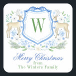 Waterverf Rendier Monogram Crest Christmas Vierkante Sticker<br><div class="desc">PreppyPrint.com - Vier Kerstmis in stijl! Voeg uw persoonlijke touch toe. Breng dit ontwerp ook over op de producten van uw keuze! Bezoek mijn designerwinkel,  PreppyPrint.com,  voor het coördineren van items.</div>
