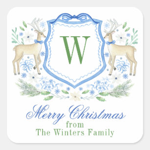 Waterverf Rendier Monogram Crest Christmas Vierkante Sticker