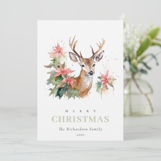 Waterverf rendier poinsettia kerstbladeren feestdagenkaart (Staand voorkant)