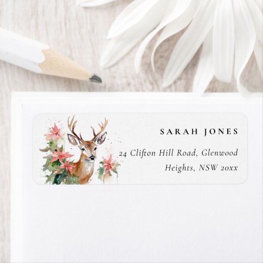 Waterverf rendier poinsettia kersttoespraak etiket (Insitu)