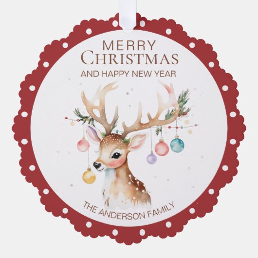 Waterverf Rendier Rode Kerst Ornament Kaart (Voorkant)