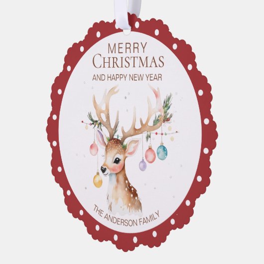 Waterverf Rendier Rode Kerst Ornament Kaart (Links)